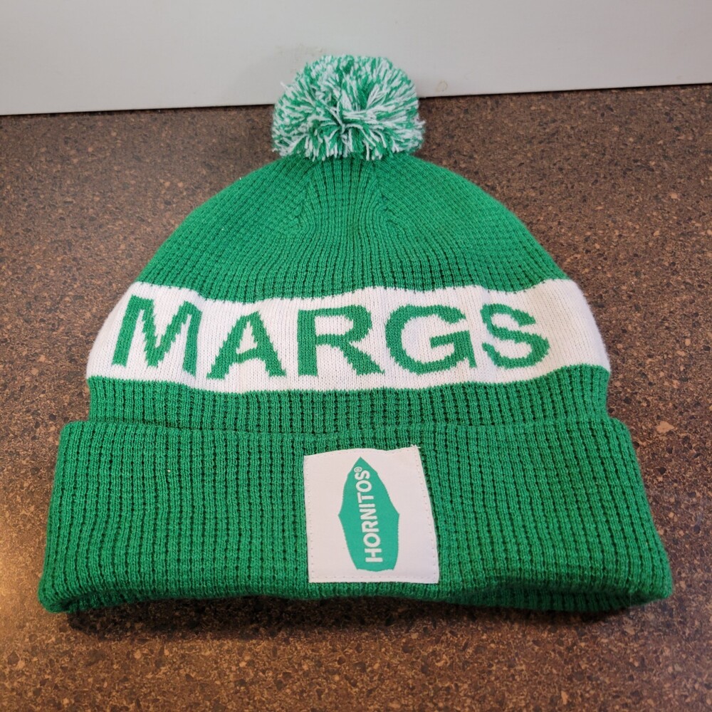 Hornitos Winter Beanie Hat Unisex Adults Green Knit Cuffed Adjustable with Pomed